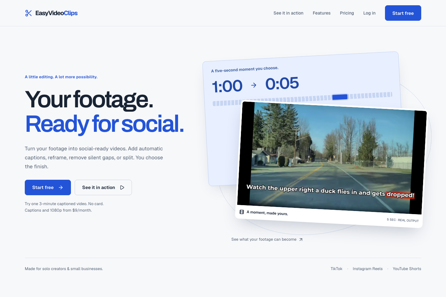 The updated EasyVideoClips homepage showing its video-finishing tools and a real five-second output clip